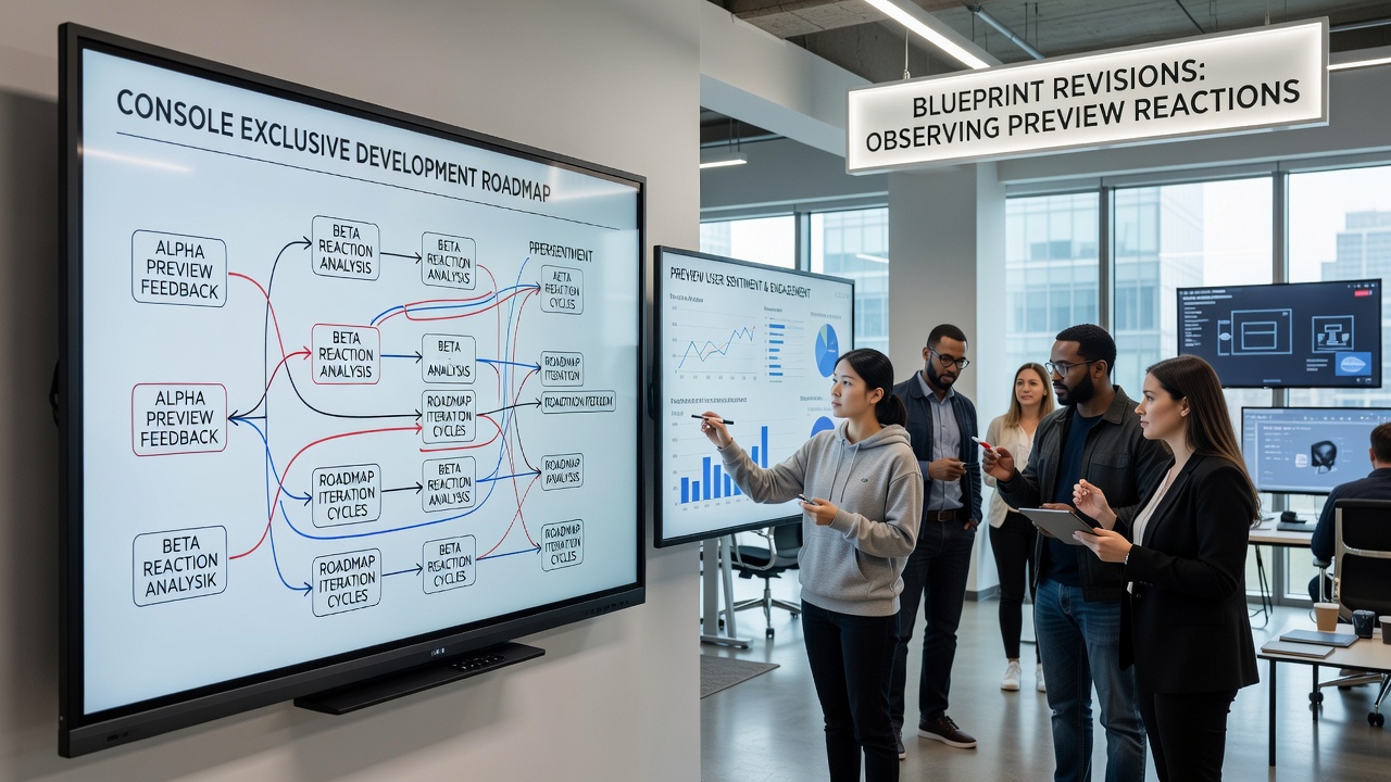 Team members analyzing preview reaction graphs and updating a digital development roadmap on a shared console project dashboard