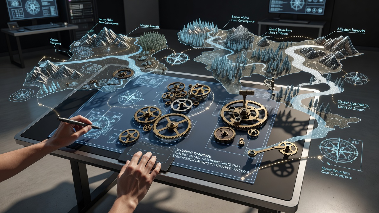 Modern fantasy RPG map overlaid with early hardware grid patterns illustrating persistent layout influences