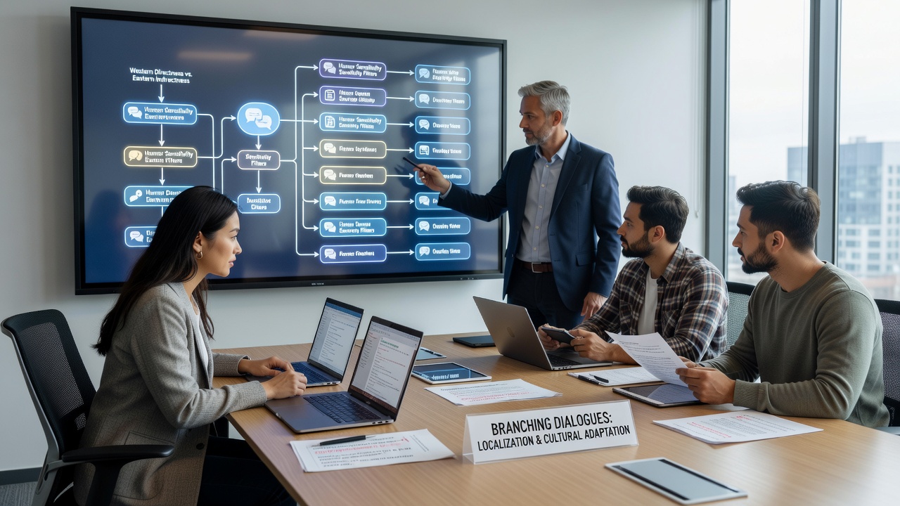 Developers and cultural consultants examining localized choice trees on multiple screens