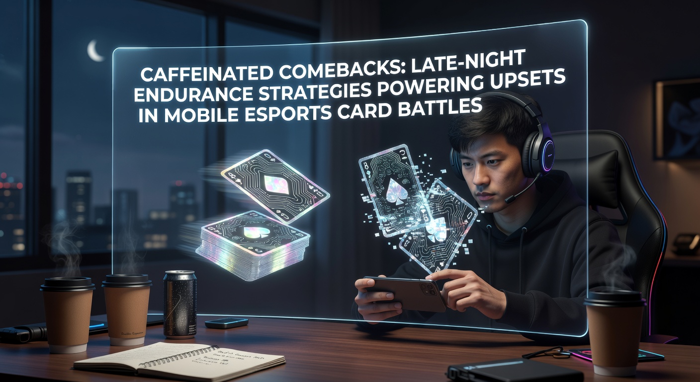 A mobile esports player intensely focused on a card battle screen during a late-night tournament, surrounded by energy drink cans and glowing device lights