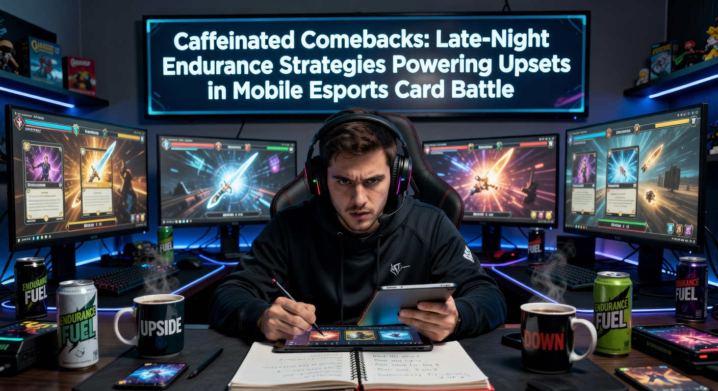 Energy drinks and coffee cups clustered around a tournament setup with dual monitors displaying intense card game interfaces and player stats during a midnight match
