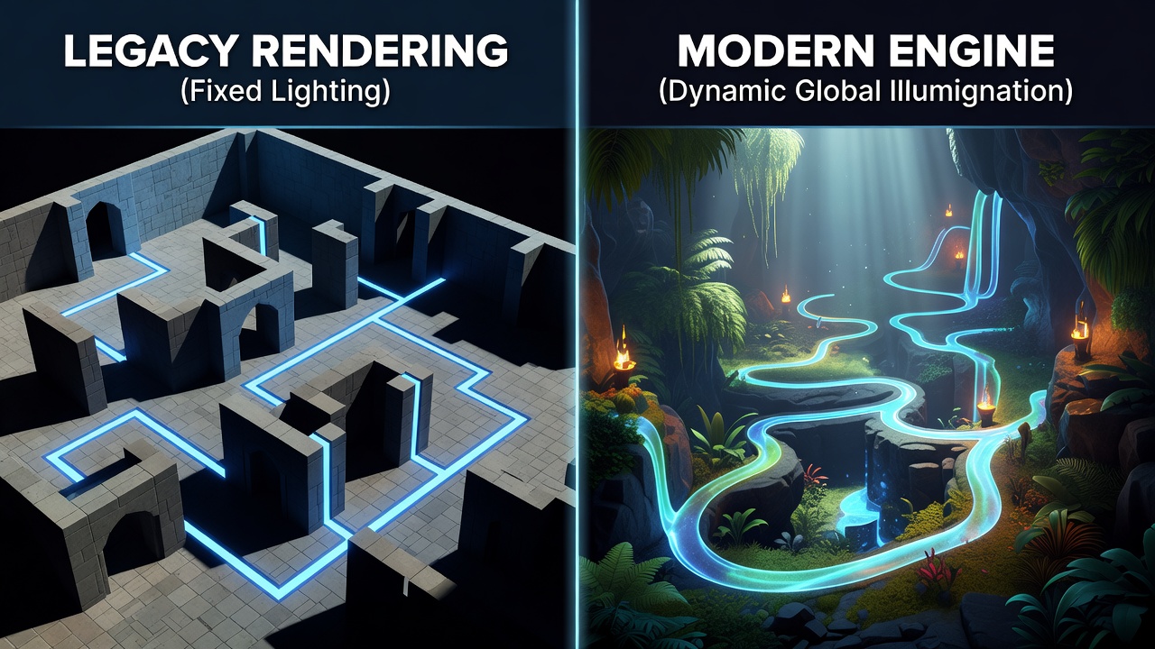 Comparison of lighting effects in narrative adventure game environments showing player path variations