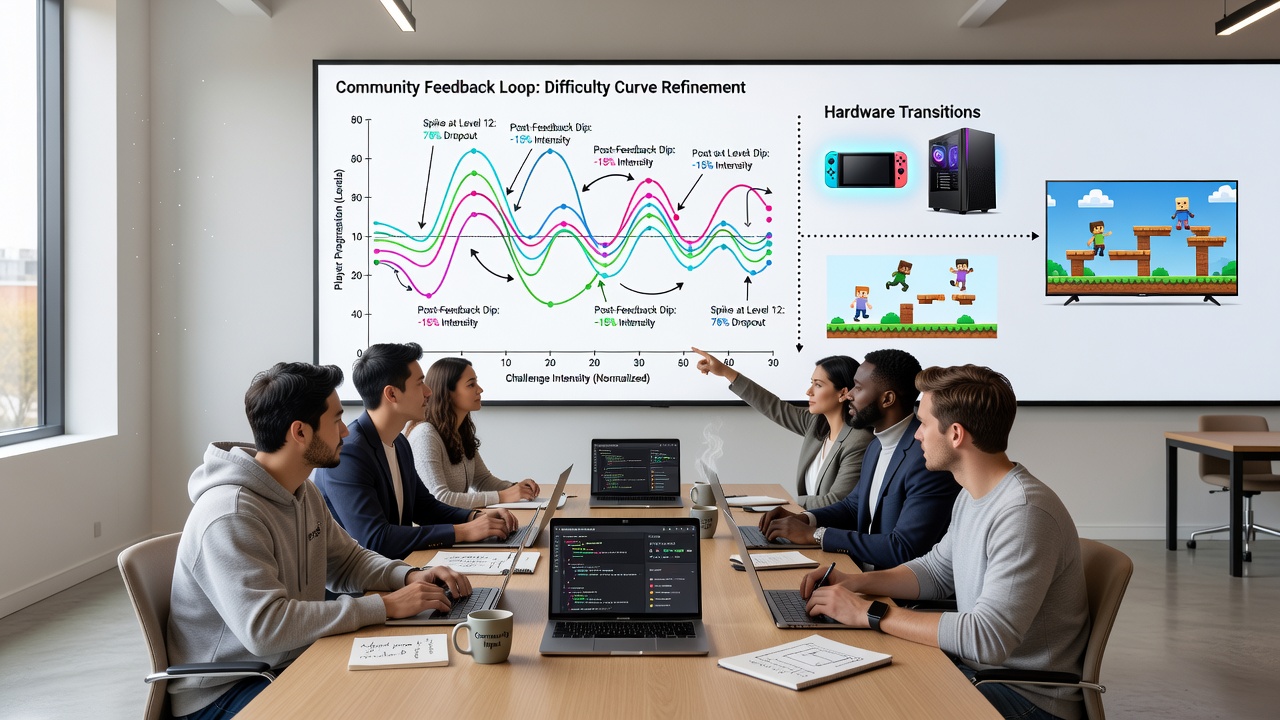 Developers analyzing player data from multiple hardware platforms to adjust puzzle platformer difficulty curves