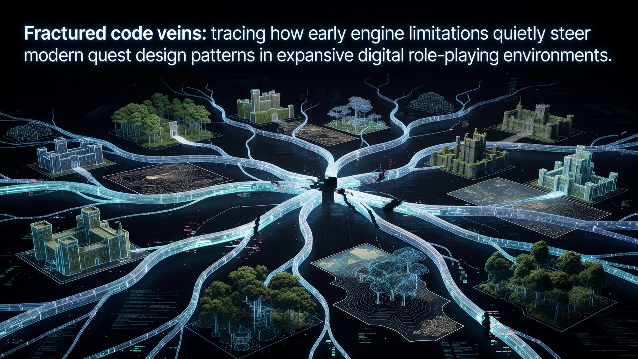 Early engine architecture diagrams showing memory constraints that shaped initial quest structures in role-playing games