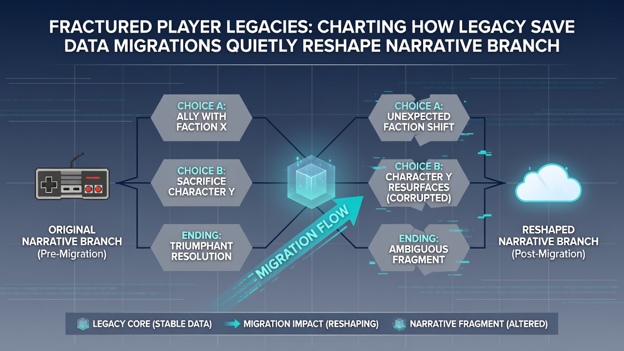 Diagram showing how imported save variables influence dialogue options and ending variations in a cross-generation adventure title