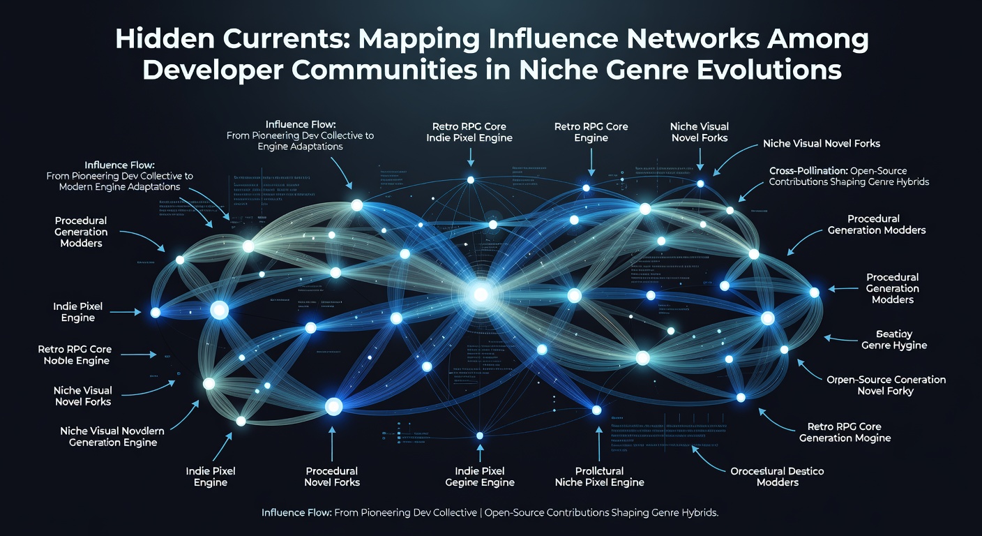 Visualization of influence networks connecting indie developers across different niche gaming communities