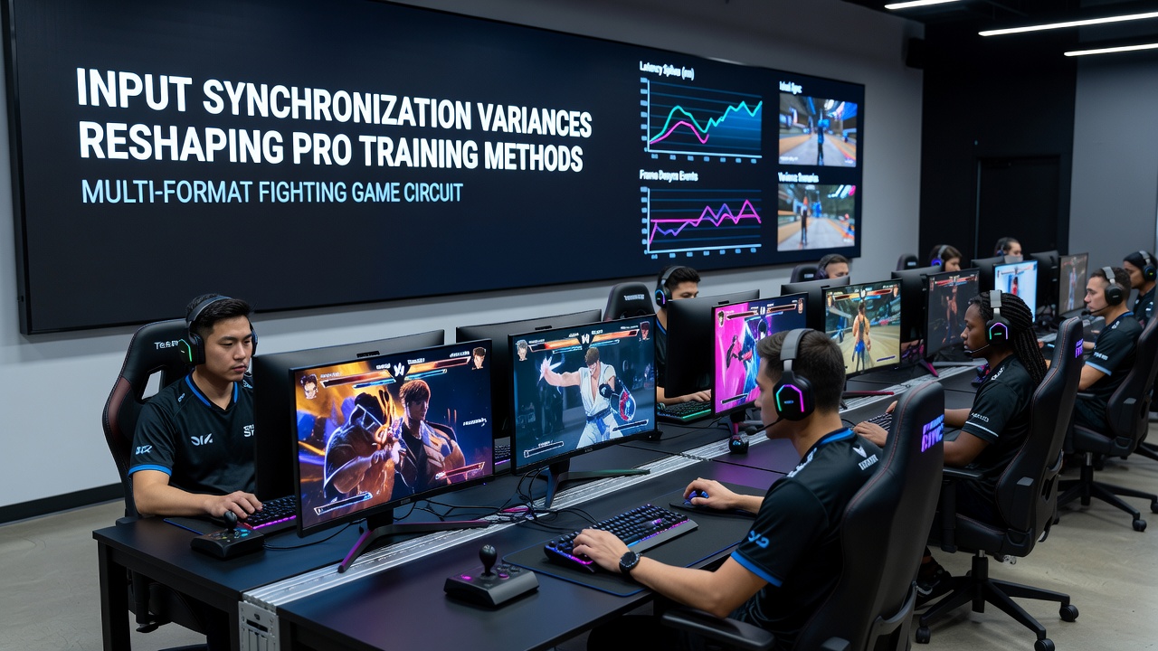 Close-up of fighting game controller testing equipment measuring input lag across platforms