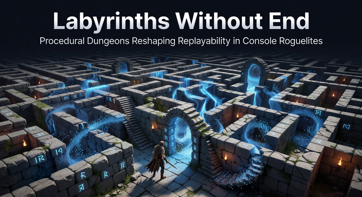 A dynamically generated dungeon layout in a console roguelite, showcasing twisting corridors and randomized enemy placements that change with each run