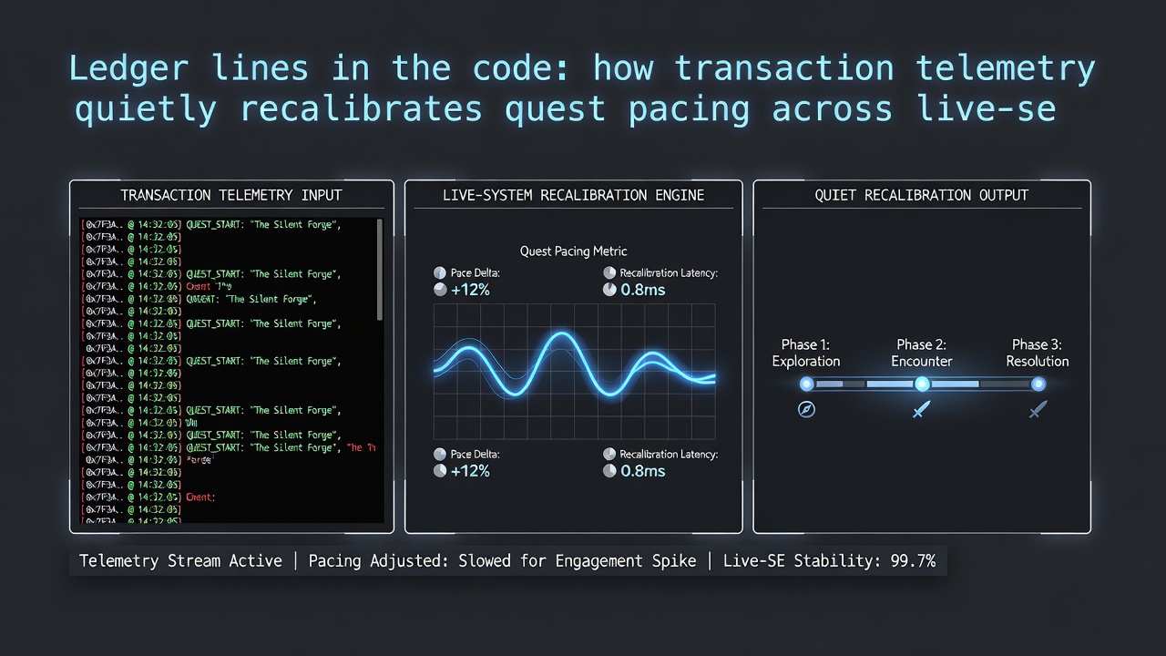Code snippet overlay on a game world map illustrating how transaction data points connect to quest node adjustments