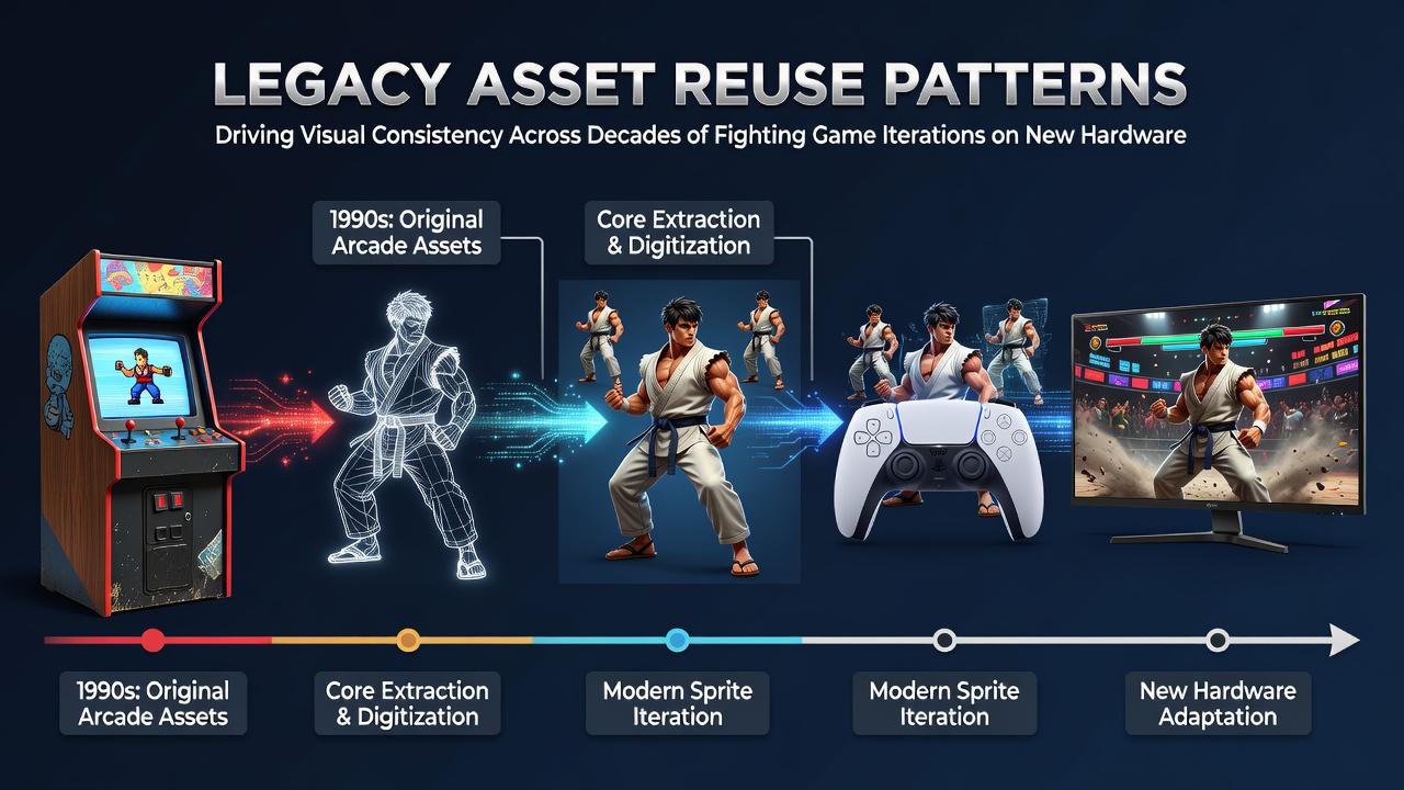 Fighting game characters rendered with reused legacy assets across multiple hardware generations showing visual consistency in animations and models