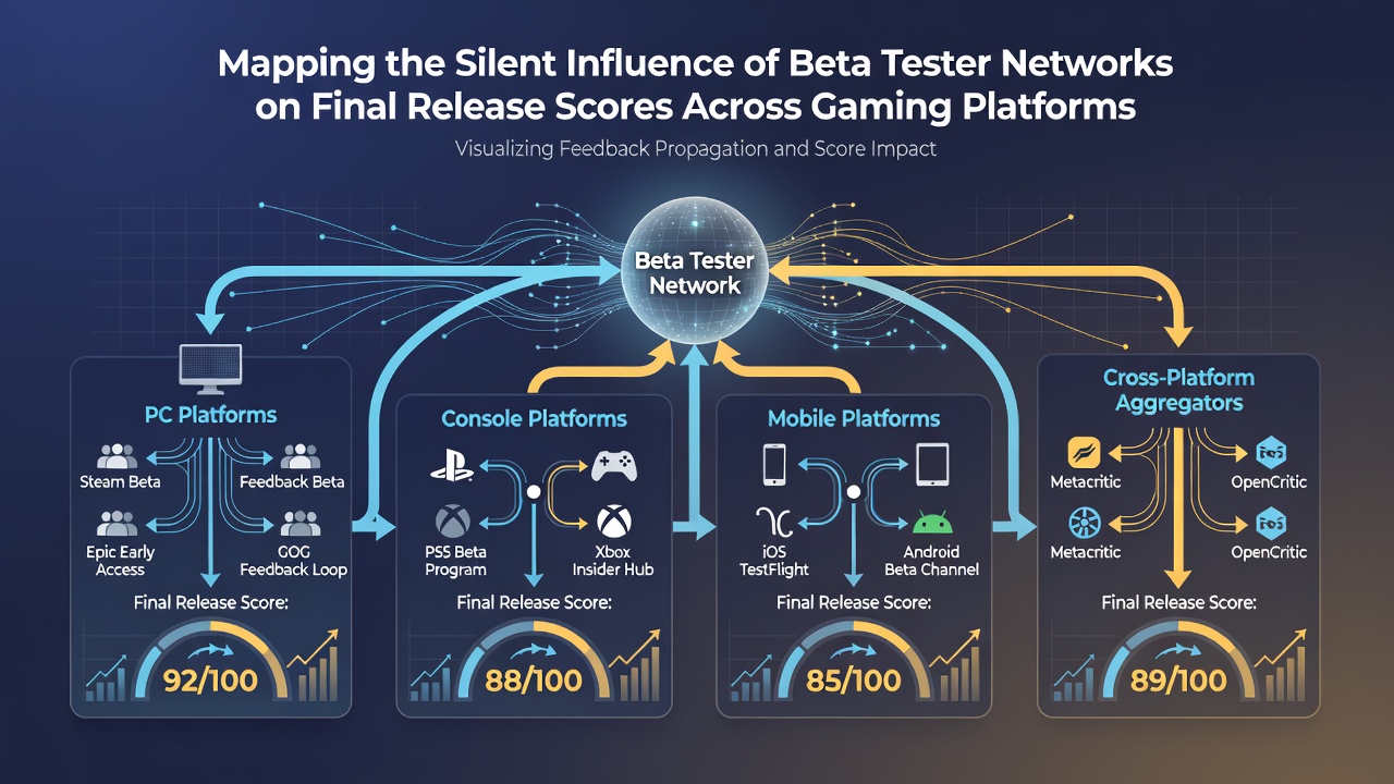 Heatmap visualization of score changes linked to beta feedback volume across PC console and mobile releases