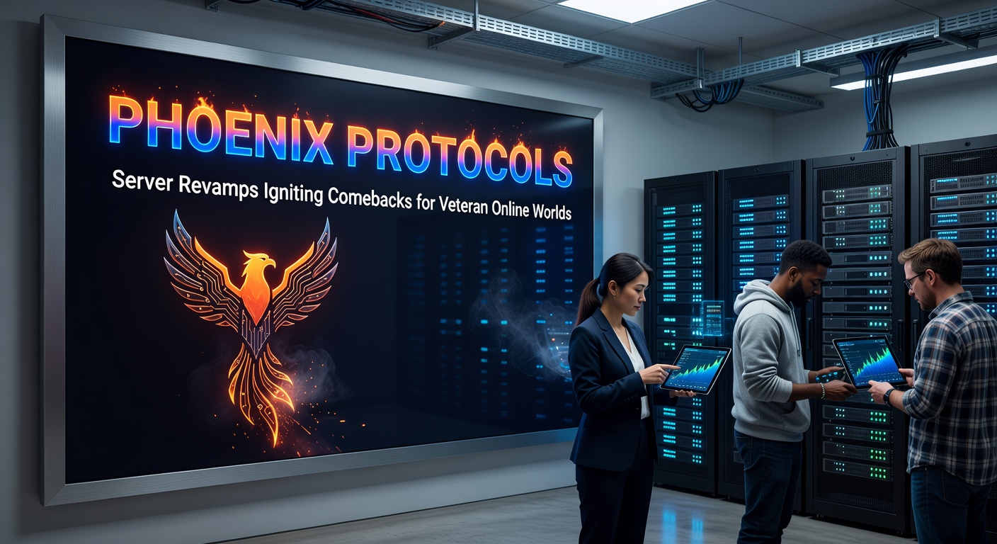 Developers monitoring dashboards during a Phoenix Protocol server migration, graphs showing smooth player influx
