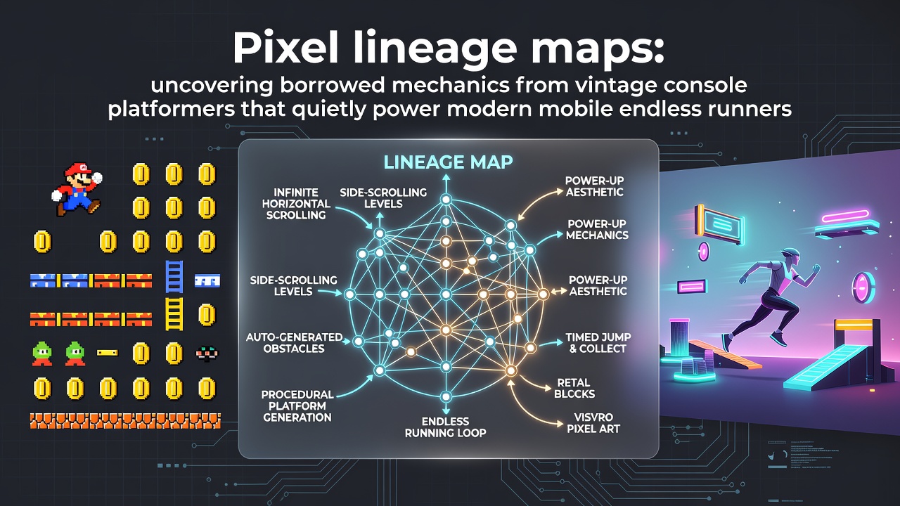 Pixel art lineage diagram showing mechanics transfer from classic console platformers to contemporary mobile endless runners