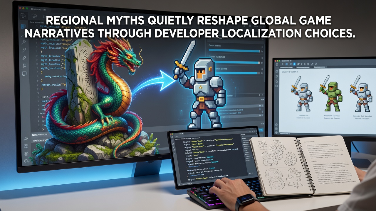Developers reviewing cultural reference materials during a localization meeting for an upcoming title