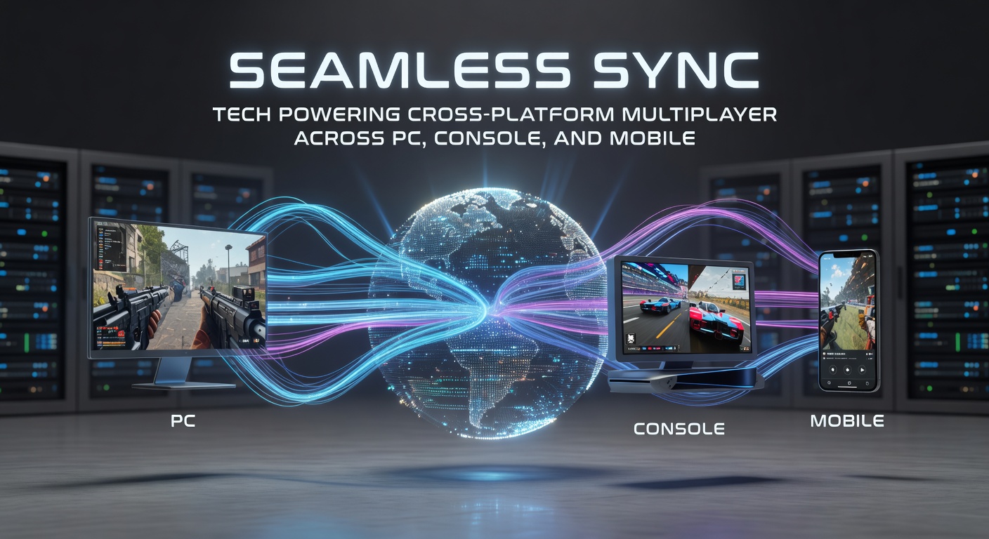 Illustration of players on PC, console, and mobile devices connected in a seamless multiplayer battle, highlighting synchronized gameplay across platforms