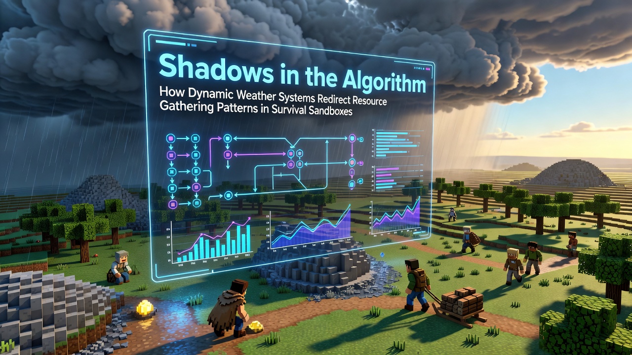 Dynamic weather effects altering player paths across a survival sandbox landscape