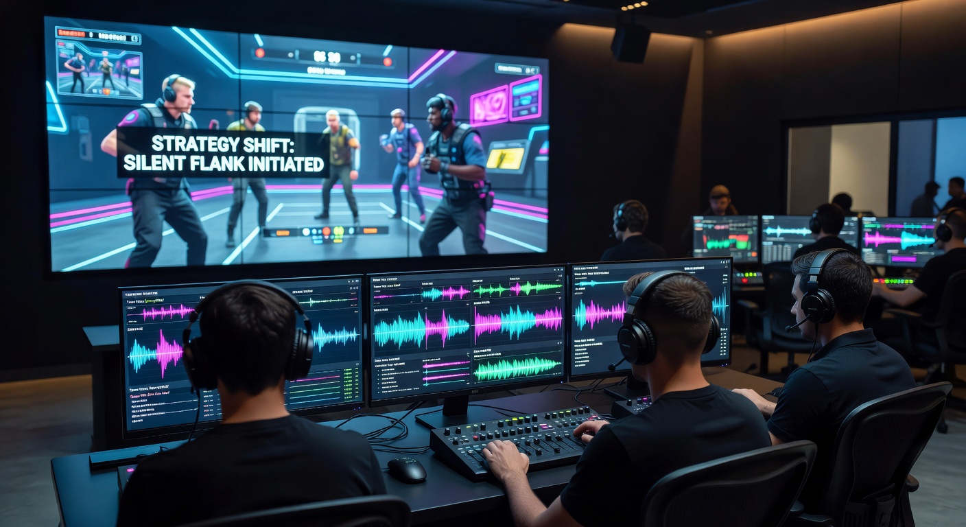 Live console esports broadcast showing players reacting to subtle audio signals during a critical match moment