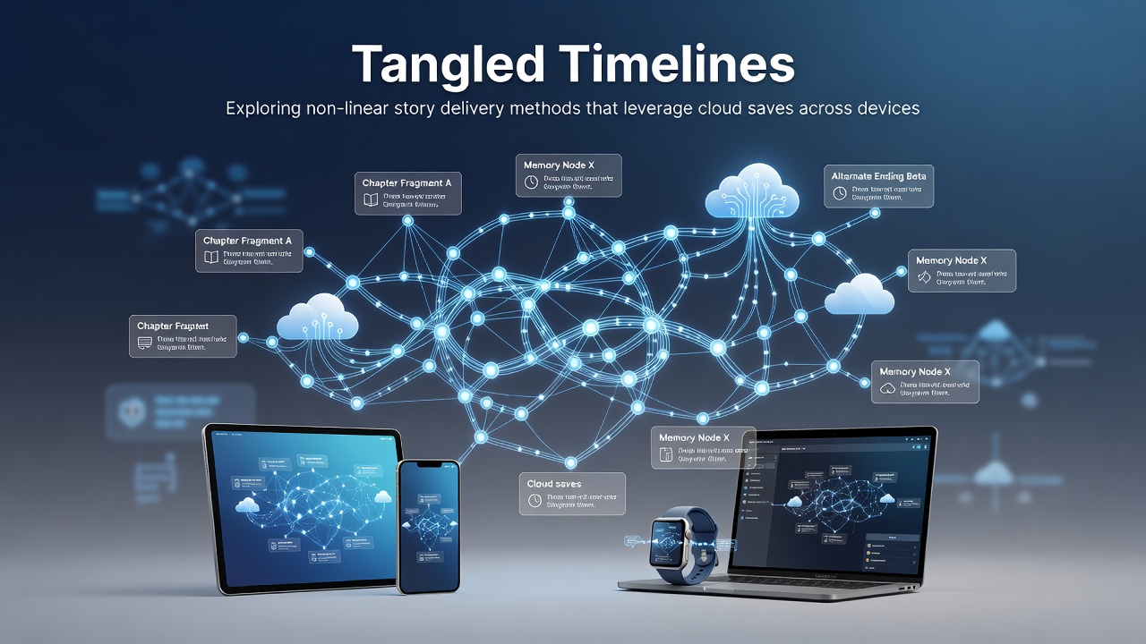 Visual representation of interconnected story timelines flowing between mobile, PC, and console icons via cloud synchronization lines