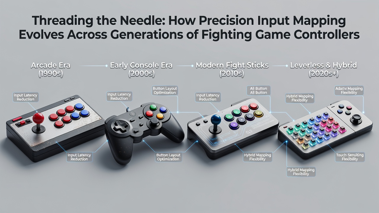 Evolution of fighting game controllers showing arcade stick next to modern leverless pad