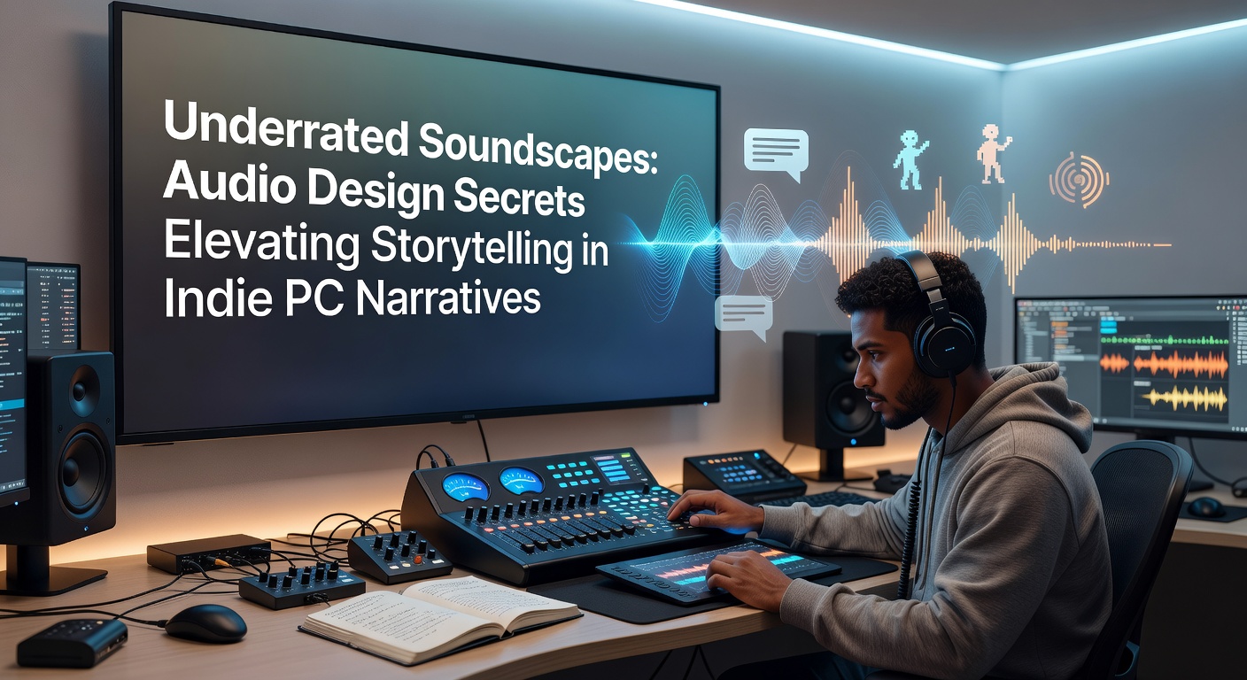 Abstract waveform visualization representing layered soundscapes in an indie game environment, with subtle narrative cues emerging from ambient audio layers