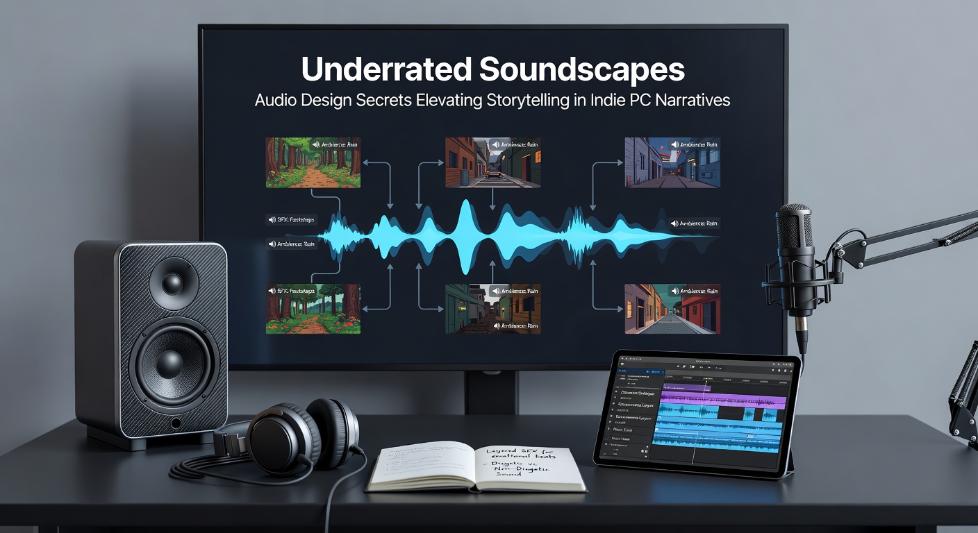 Close-up of an indie game developer adjusting audio waveforms on a mixing console, surrounded by microphones and field recorders in a home studio setup
